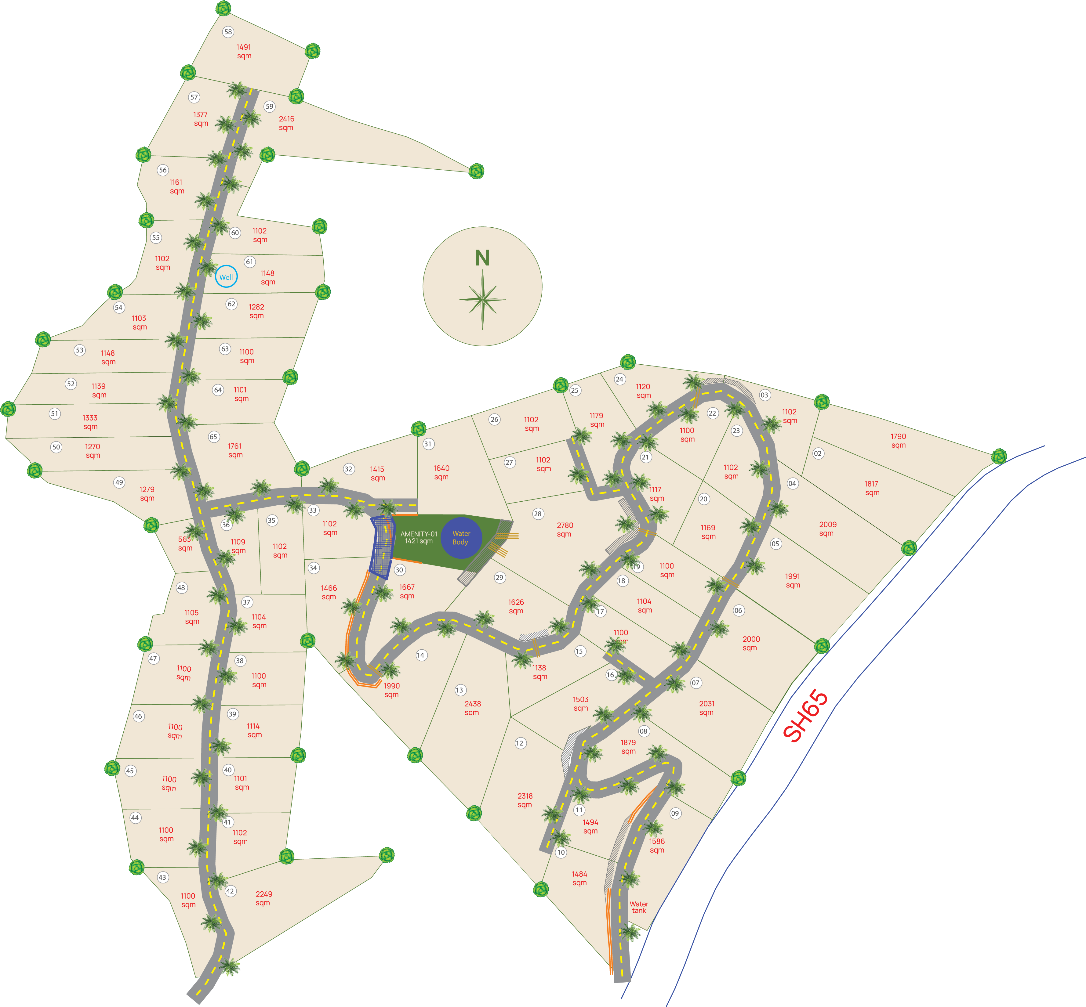 Aravali Greens master layout plan showing all 65 plots