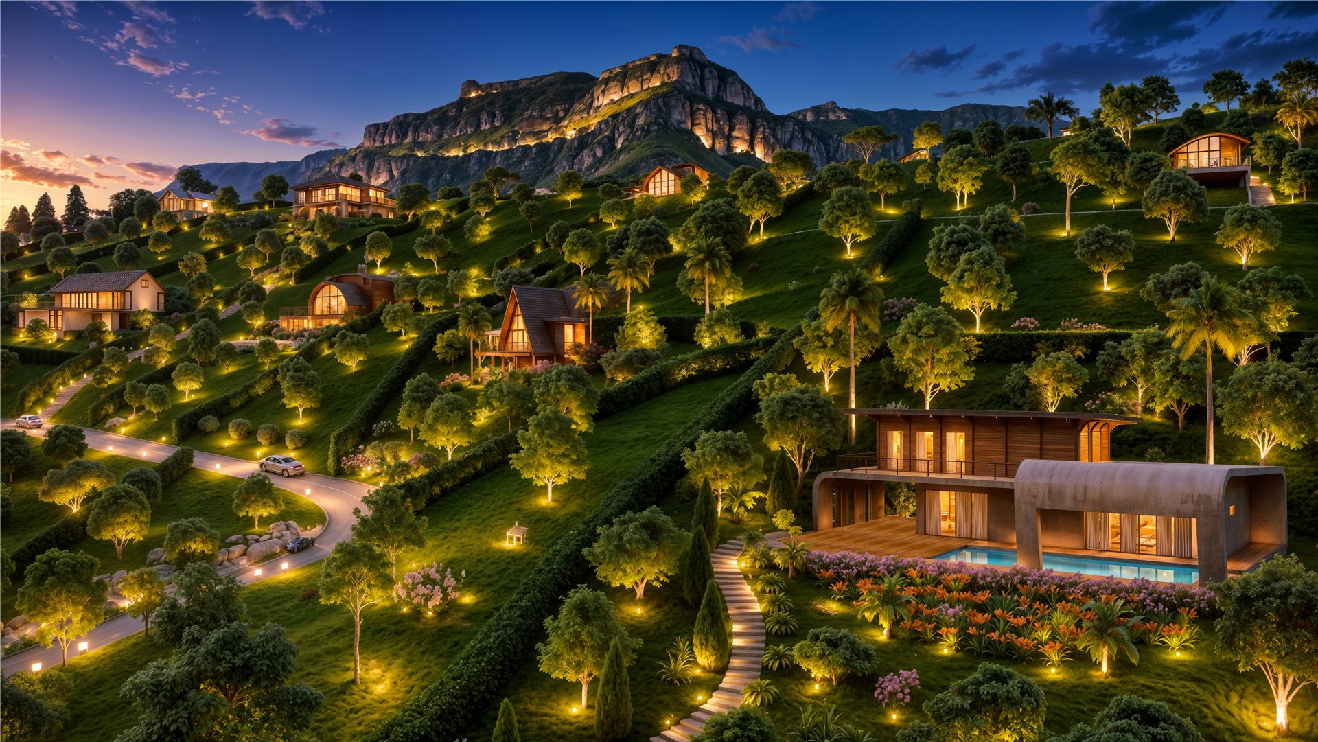 Aravali Greens farmhouse villa at night